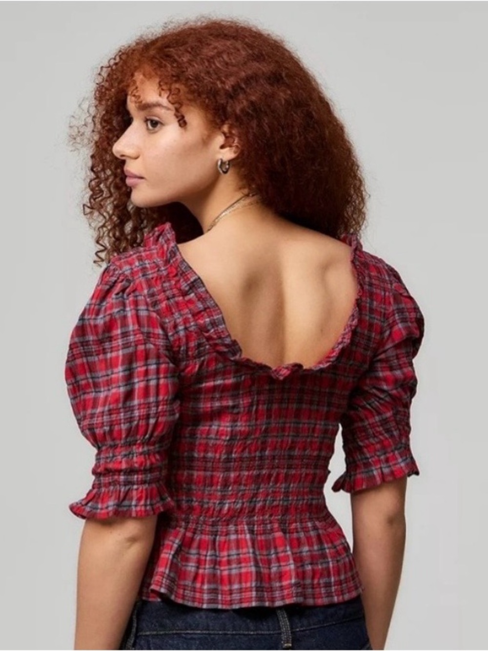 Damson Madder Megan Puffed Sleeve Red Plaid Ruffled blouse - Picture 5 of 7